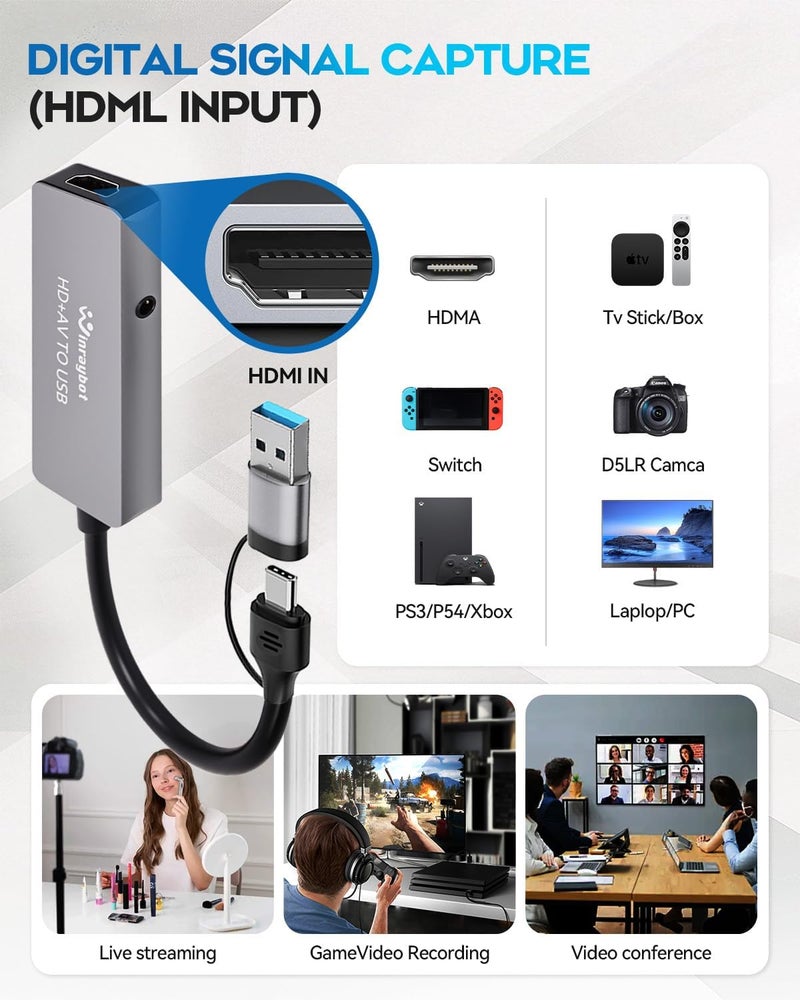 WinRaybot VHS to Digital Converter, RCA to USB Converter Analog to Digital Adapter for VHS/HI9, Video Capture Card for Laptop, HDMI for Video Streaming Convert RCA/S-Video/HDMI Input (USB-A+USB-C) - Image 4